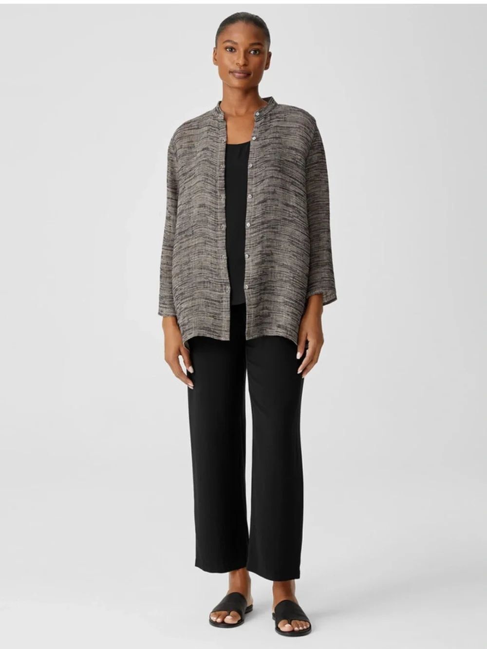 Eileen Fisher | Organic Linen Gauze Strata Mandarin Collar Shirt $198